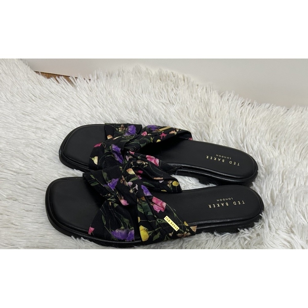 Ted Baker Ashina Knot Slide Sandals Mule 7.5 Black Floral Slip-On 37.5 - Picture 3 of 7